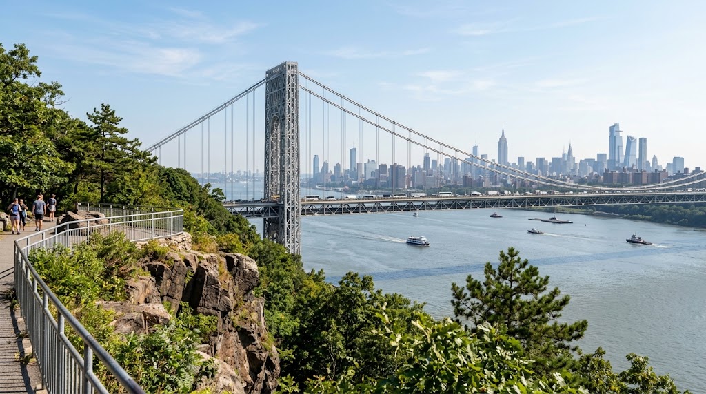 An elevated, panoramic photograph taken from a tree-lined, paved walking path on a rocky New Jersey cliff, overlooking the Hudson River. In the foreground, several people walk along the path to the left. The grey steel suspension tower of the George Washington Bridge dominates the center of the image as it spans the river. Across the water, the detailed Manhattan skyline is prominent under a clear, bright blue sky with light clouds. Multiple boats, including tugboats and a ferry, are visible on the river below.
