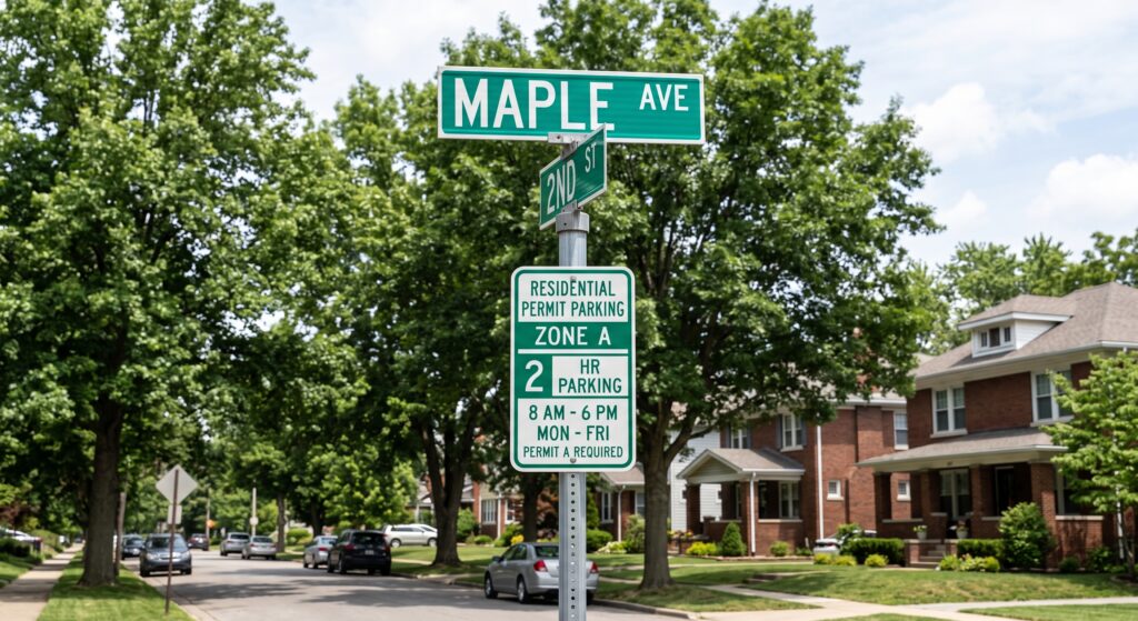 A detailed photograph of a street intersection sign pole on a sunny, tree-lined residential street. At the top are green signs for "MAPLE AVE" and "2ND ST". Mounted below them is a large white and green regulatory sign which reads: "RESIDENTIAL PERMIT PARKING", "ZONE A", "2 HR PARKING", "8 AM - 6 PM", "MON - FRI", "PERMIT A REQUIRED". In the background are brick and stucco houses and other parked cars.
