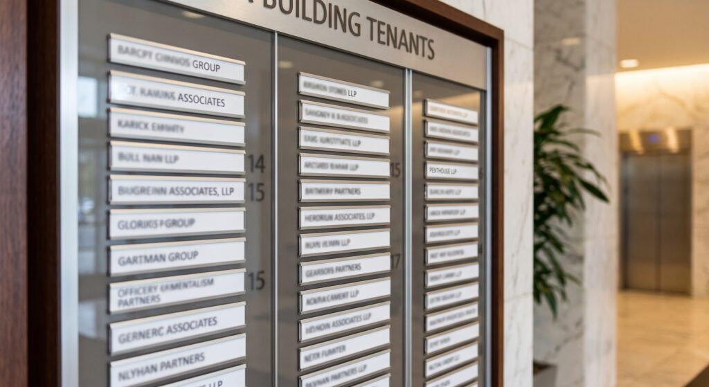 A detailed close-up of a three-column building directory board located in a professional, modern lobby. The wooden-framed sign displays lists of "BUILDING TENANTS" with generic-sounding business names on white strips with black text, such as "BARCPT ONNIYOS GROUP" and "K-KAIKOS ASSOCIATES." Large floor numbers "14" and "15" are visible integrated into the panels. In the softly focused background are a marble-patterned wall, a potted plant, and brushed metal elevator doors.