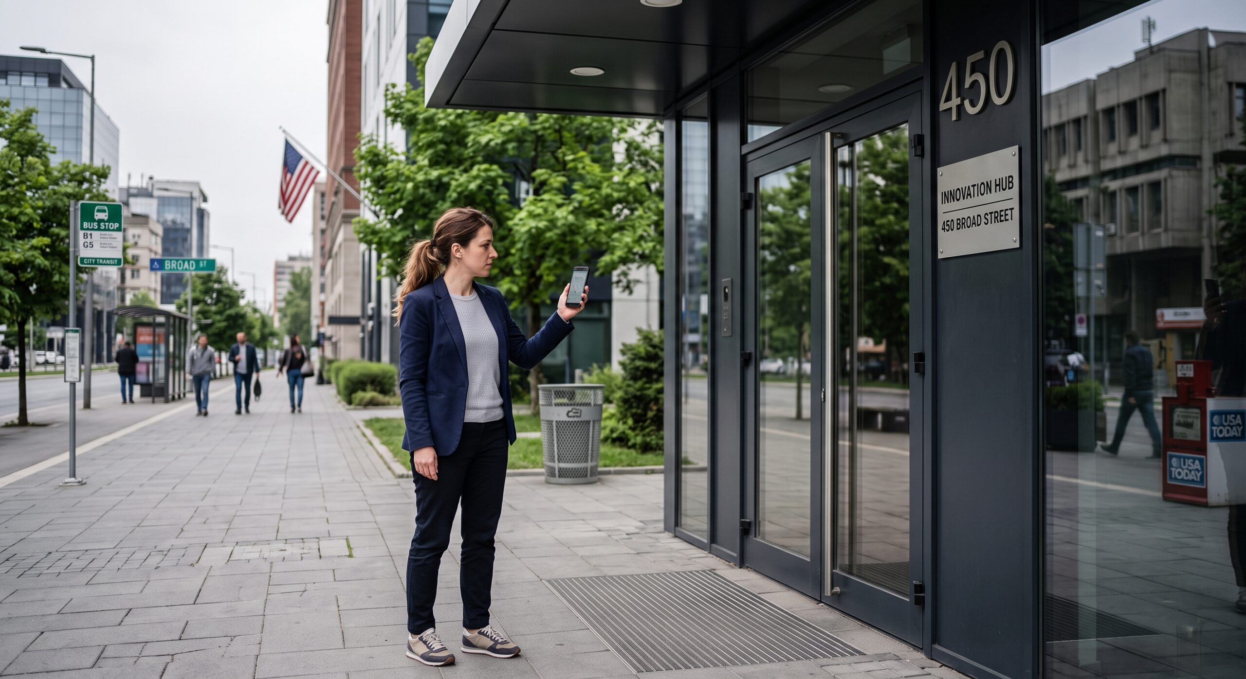 Provider checking a Google Business Profile at a shared address outside a New Jersey medical office building.