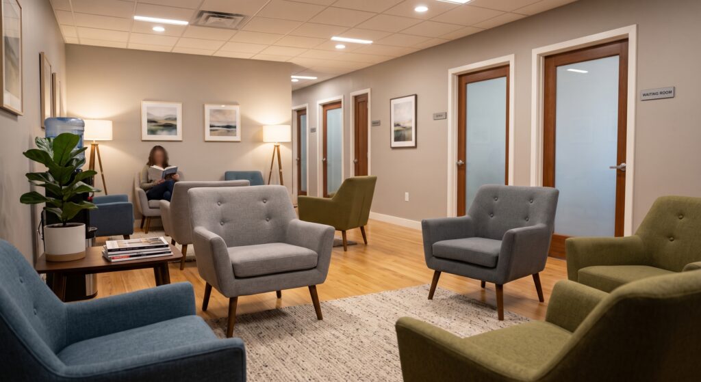 A photograph of a modern and comfortable waiting room in a professional building, featuring several grey, green, and blue upholstered armchairs arranged on patterned rugs. A person sits in the distance, reading a book near a water cooler, plants, and stylish floor lamps. The background shows four wooden doors, with a clear 'WAITING ROOM' sign on one, and abstract framed art on grey walls.