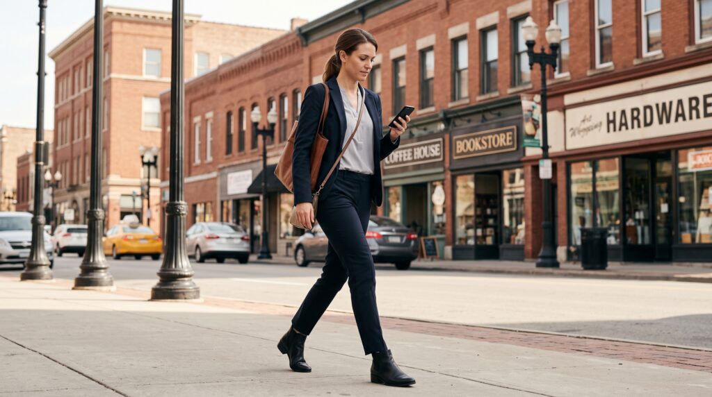 Provider researching HIPAA-compliant office setup while walking through a New Jersey downtown business district.