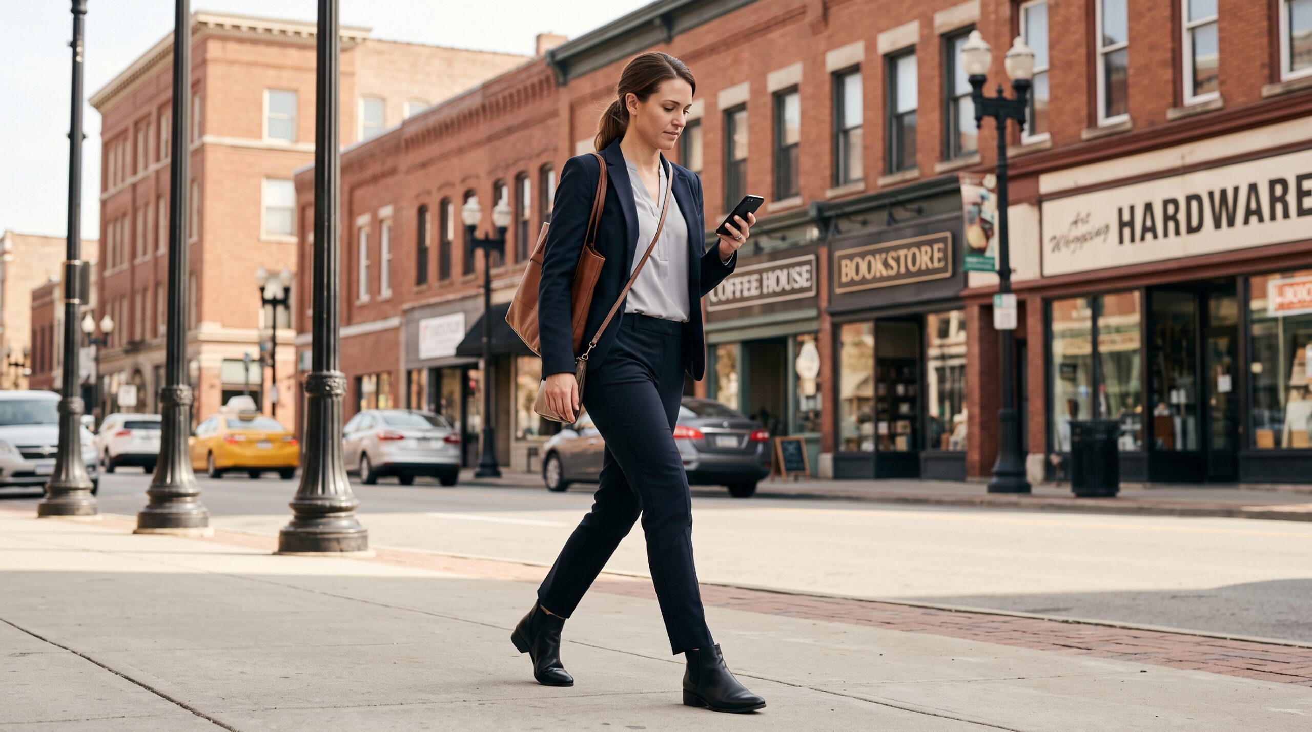 Provider researching HIPAA-compliant office setup while walking through a New Jersey downtown business district.
