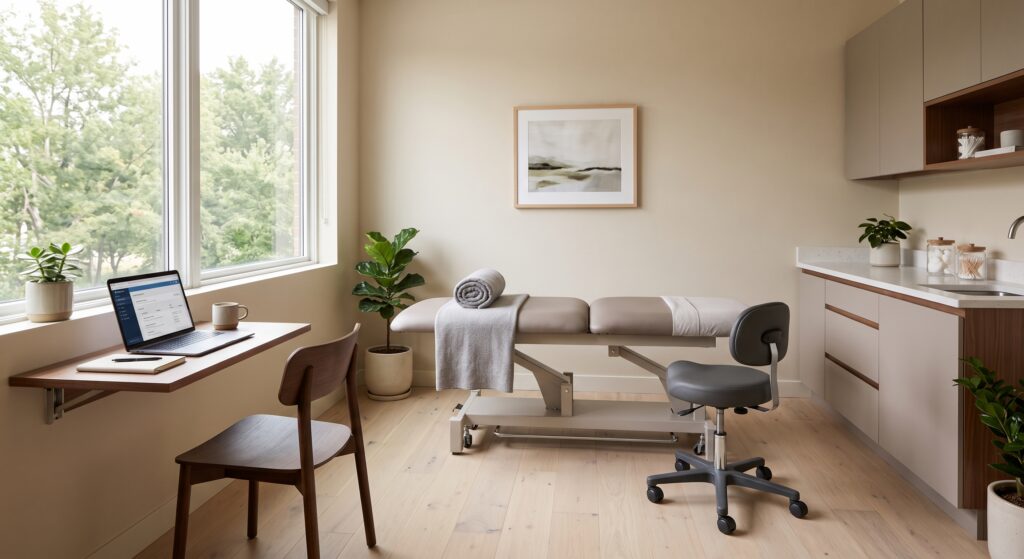 A clean, modern physical therapy and consultation suite with an adjustable treatment table, ergonomic stool, floating wooden desk with a laptop, and a minimalist kitchenette with a sink and cabinets, all bathed in natural light from large windows overlooking green trees.