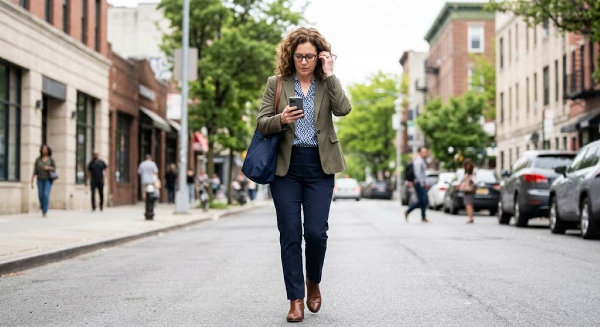 A middle-aged woman walking down a residential sidewalk while looking at her smartphone.