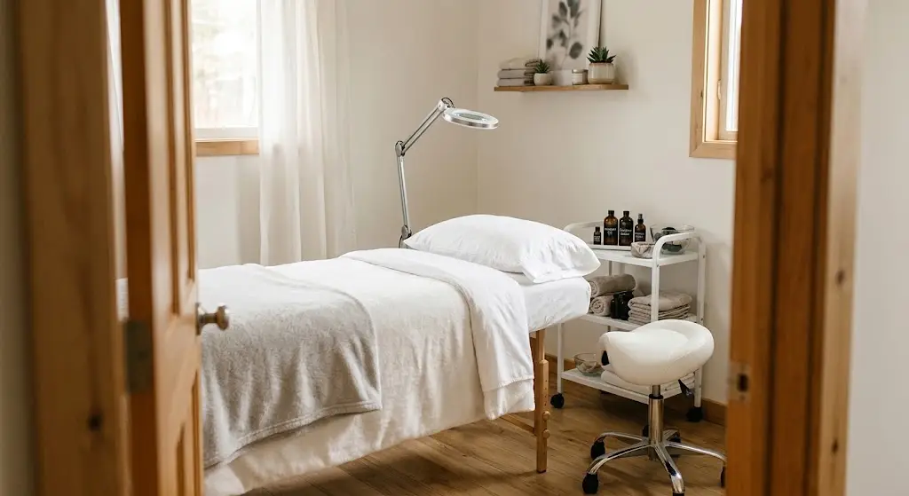 A bright, furnished single treatment suite is viewed through an open doorway, featuring a treatment table centered with clean white linens. An adjustable task lamp and a rolling ergonomic stool are positioned near the head of the bed to complete the professional setup.