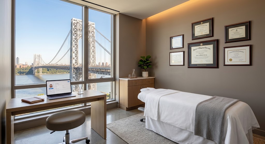 A professional and inviting consultation and treatment room featuring a large floor-to-ceiling window wall with a clear daytime view of the George Washington Bridge spanning the Hudson River and the distant Manhattan skyline. On the left, a wooden desk holds an open laptop showing a website, a glass of water, and a leather notebook, paired with a saddle-style office stool. To the right, a treatment table made up with white linens and a grey knitted throw blanket sits on a woven rug. Six framed certificates hang on the warm taupe-colored wall above the table, with warm cove lighting above. A small cabinet with a potted Fiddle Leaf Fig plant is in the corner.