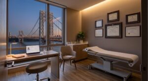 A view into a modern physical therapy consultation room at twilight. An adjustable exam table sits near framed DPT diplomas on the wall. A desk with a laptop displaying a patient profile for "Laura Brown, DPT" is positioned by a large window overlooking the illuminated George Washington Bridge and New York City skyline across the Hudson River.