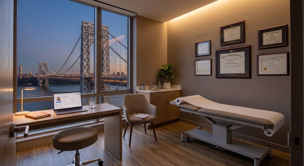 A view into a modern physical therapy consultation room at twilight. An adjustable exam table sits near framed DPT diplomas on the wall. A desk with a laptop displaying a patient profile for "Laura Brown, DPT" is positioned by a large window overlooking the illuminated George Washington Bridge and New York City skyline across the Hudson River.