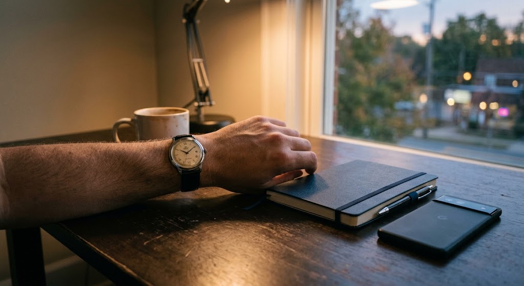 A wristwatch on a forearm resting on a desk beside a closed notebook