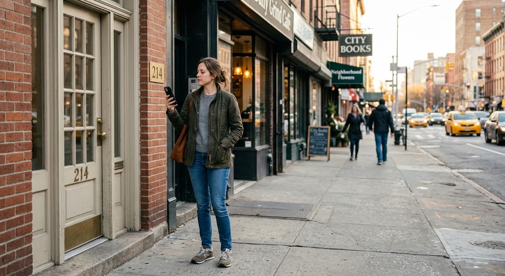 Provider relocating your practice checks the new office address on a downtown New Jersey street.