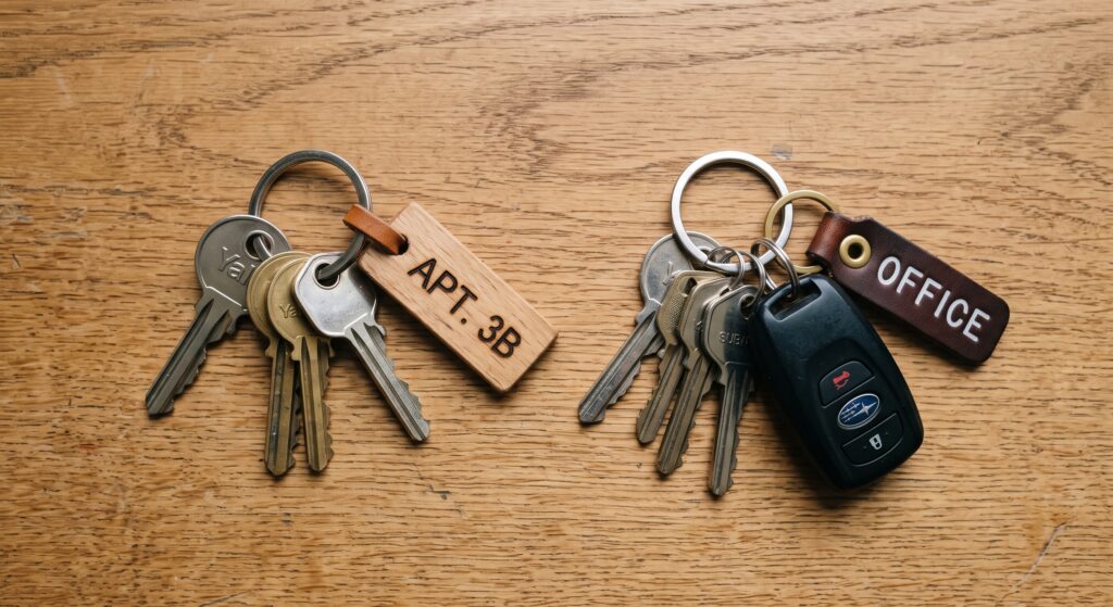 Two sets of keys resting side by side on a plain wooden desk