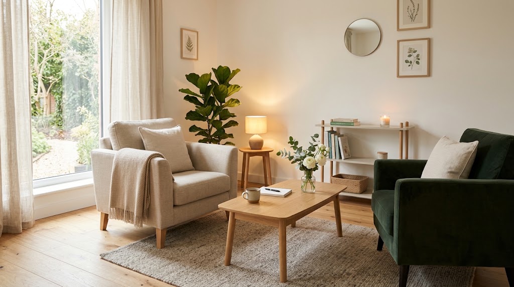 A clean, warmly lit practitioner's room featuring cozy armchair seating, a wooden coffee table, and soft natural light