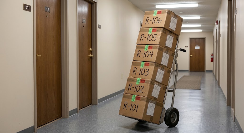 A stack of sealed, numbered cardboard boxes on a hand truck in a building hallway, shot at eye level in plain light.