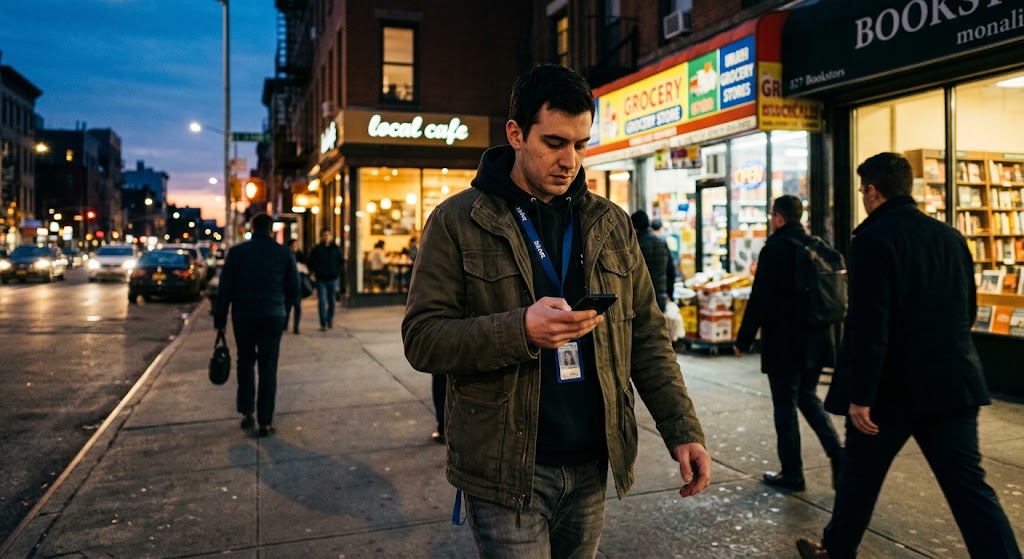 Provider heading to part-time medical office space after a workday on a downtown street at dusk.